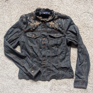 VTG Kenzo Jeans Womens 40 Medium Denim Button Jacket Flower Boho Festival Dark